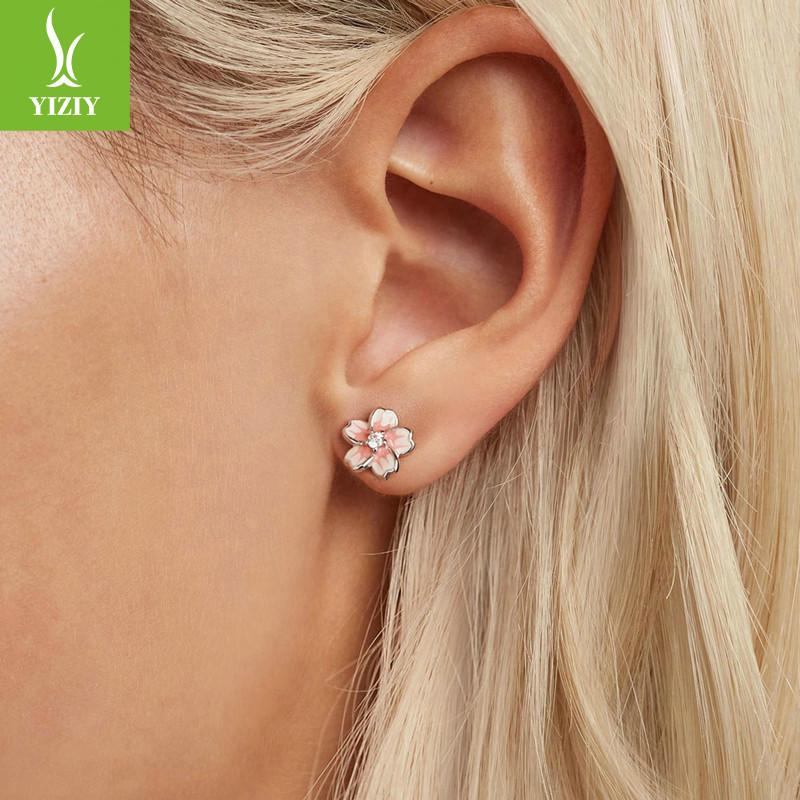 Pink Gradual Change Cherry Blossom Stud Earrings, Romantic Flower S925 Sterling Silver Exquisite Earrings Birthday Gift