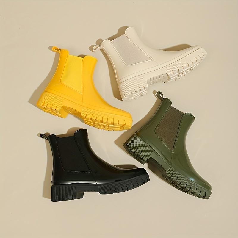 Dames Regenlaarzen met Dikke Zool, Elastische Inzetten voor Gemakkelijk Aantrekken, Gecushioneerd Comfort, Zwart/Geel/Groen, Modieus Casual & Professioneel Schoeisel