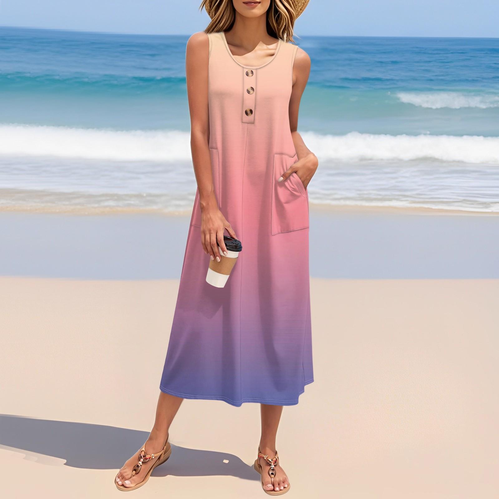 

Women s Summer Gradient Print Dress Sleeveless Button Down Casual Loose Long Beach Sundress S рожевий