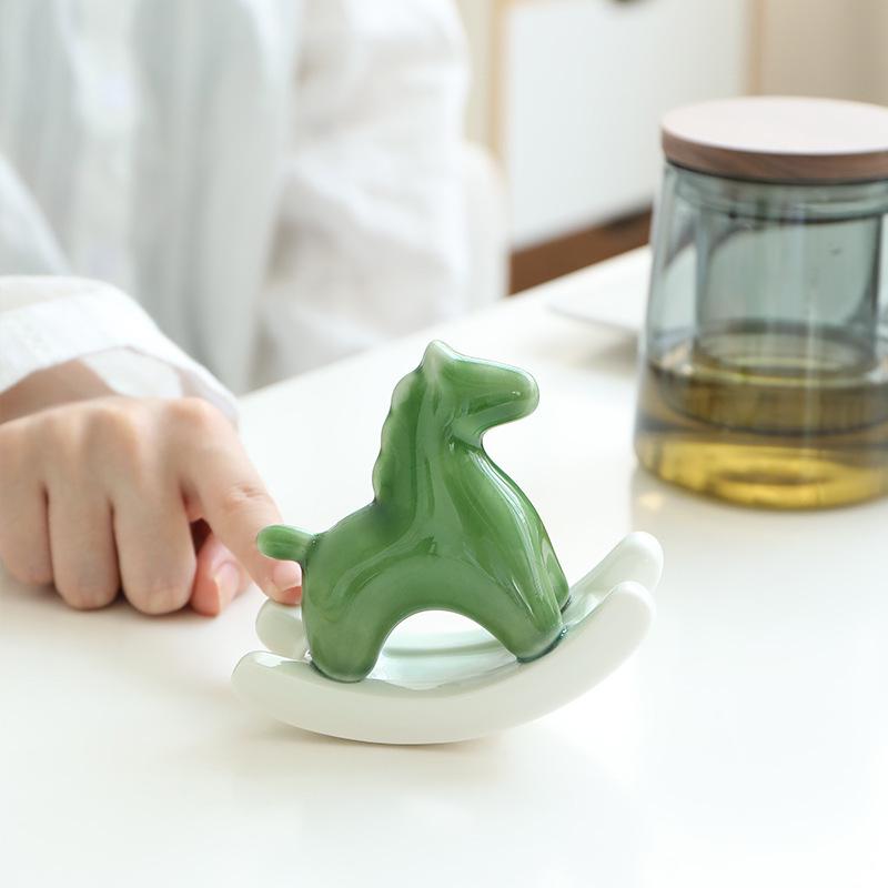 Modern Minimalist Ceramic Rocking Horse Ornament - Cute Green & Pink Tea Pet Decor for Home