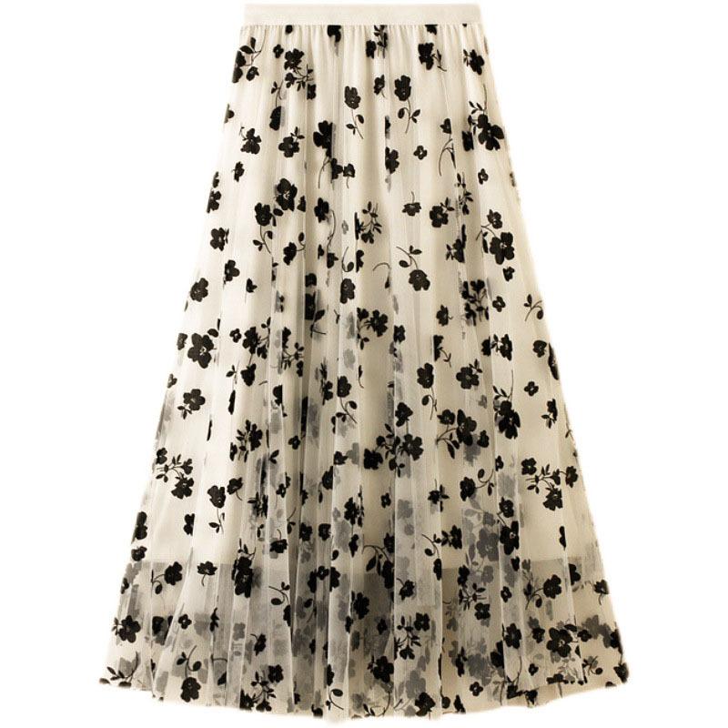 Qooth Fustă Florală Tulle Fustă Vintage Imprimată Fuste Plisate Bandă Elastică Fustă A-Linie QT2584