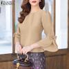 ZANZEA Women Casual Round Neck Flare 3/4 Sleeve Plain Blouse