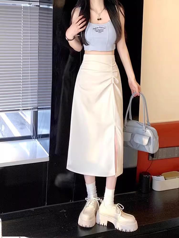 Women's Black High-Waisted Pleated Midi Skirt with Slit - Summer 2024 Collection