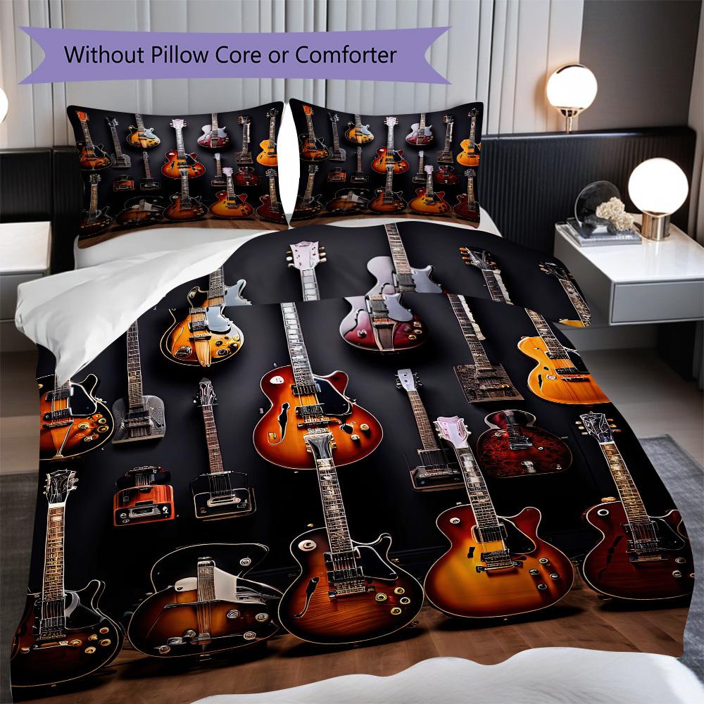 1PC Music, guitar Theme Bedding Quilt Set Quilt Cover Pillowcase Home Decoration Birthday Gift (1 * duvet cover + 2* pillowcase, without core)