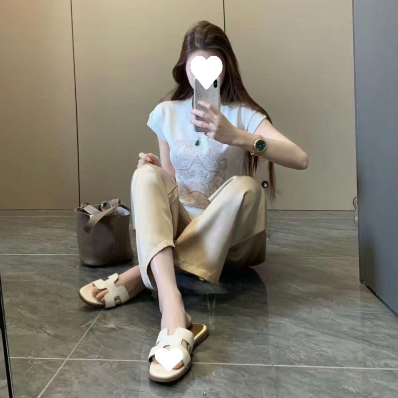 

2025 Summer Fashion Slim Drape Knit Embroidered Top & High Waist Casual Pants Set for Women Medium