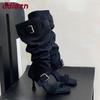 Fashion Fashion Open Toe Women Knee High Boots Shoes Female Flock Footwear Square Toe Ladies Sandals Boots With Thin Heels Shoes Pumps