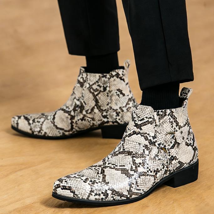 Fashion New Men's Pointed Rock Punk Snake Skin Leather Casual Chelsea Ankle Boot Male Winter High Tops  Shoes Zapatos Hombre