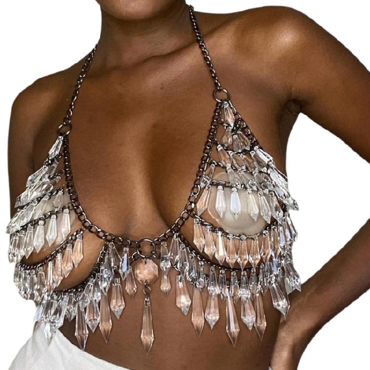 Acryl Edelsteine Brustketten Bikini BH für Musikfestivals Damen Mehrschichtiger Körperschmuck Kristall Camisole Crop Top