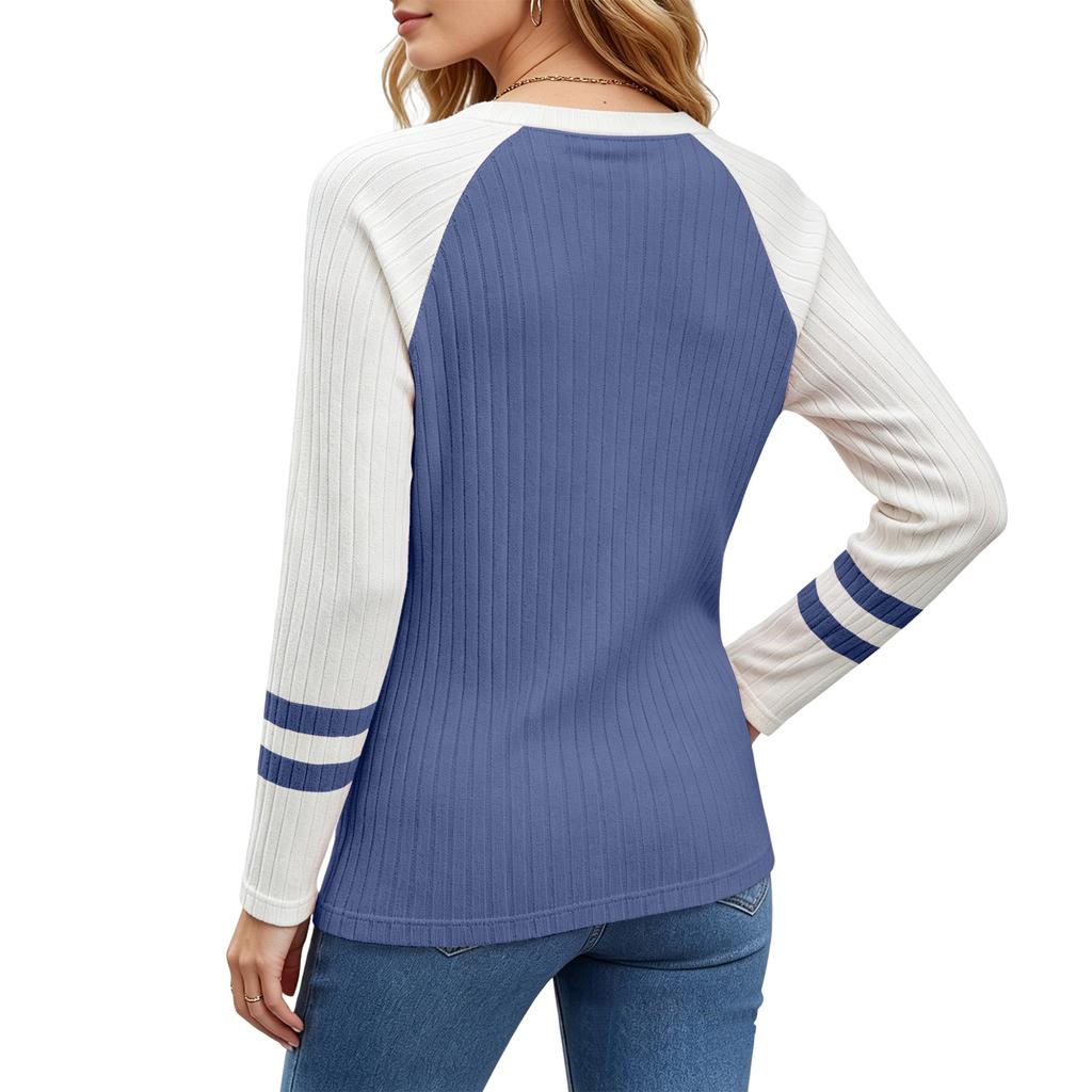 Women's Color Block Round Neck Long Sleeve Knit Top for Casual Daily Wear