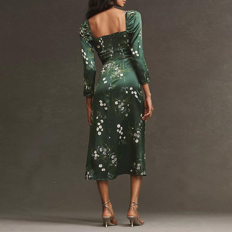Amazon Ebay Cross-border Dress European and American Sexy French Retro Satin Print Low Slim Skirt