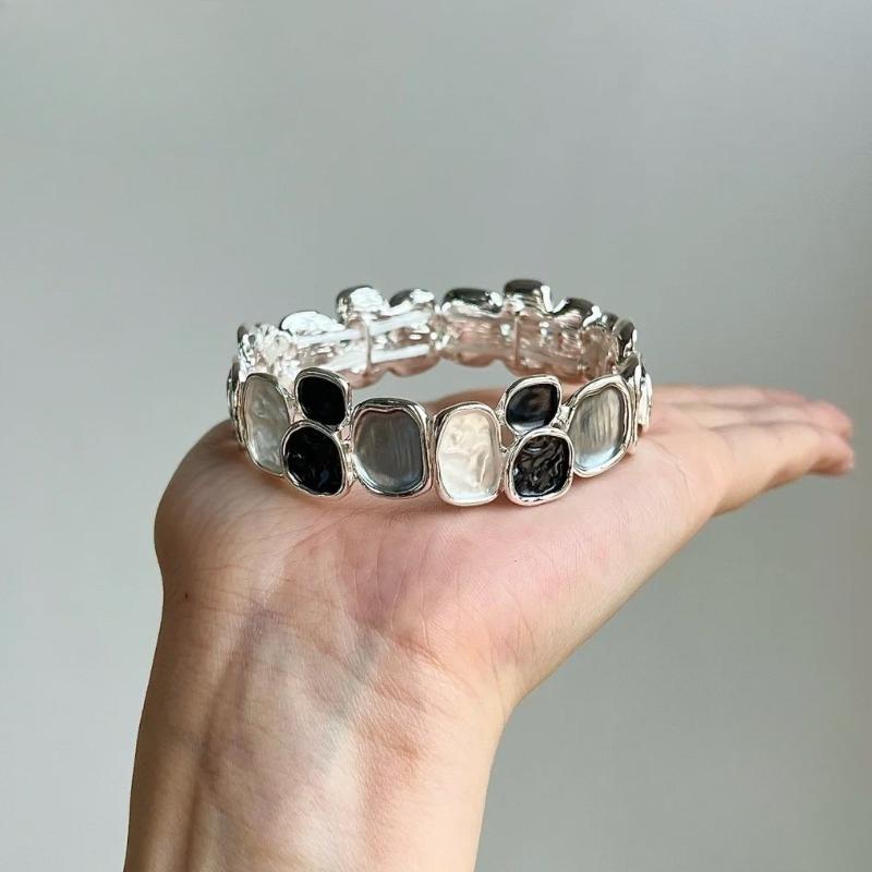 Color Painting Oil Geometric Square Alloy Bracelet, Women's Fashion High-end Elastic Rope Bracelet