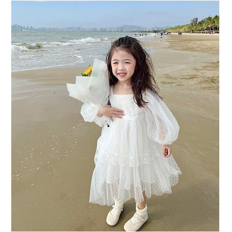 

Пышное платье принцессы в сказочном стиле для девочек, летние многослойные сетчатые платья с квадратным вырезом и рукавами-пузырьками для вечеринки, дня рождения, одежда 90