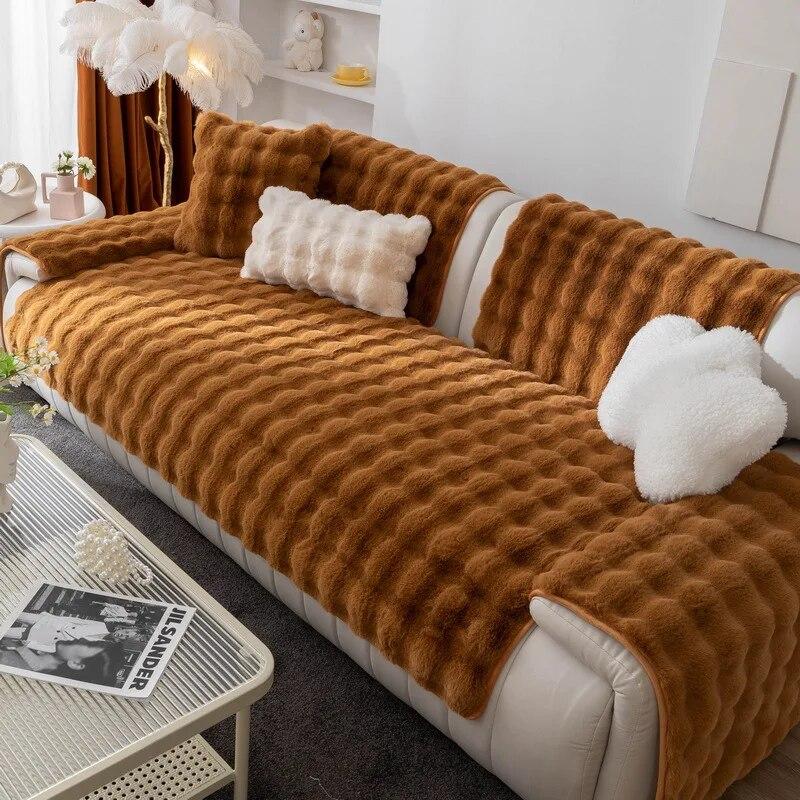 Thicken Rabbit Plush Sofa Cover Towel Solid Color Sofa Cushion Massage Anti Slip Multi-functional Suitable for Backrest Pillow