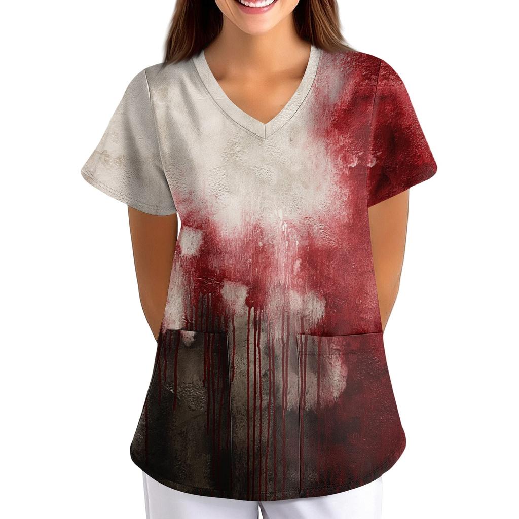 Damen Halloween Bedruckt Locker V-Ausschnitt Tasche Kurzarm Uniform  Uniform