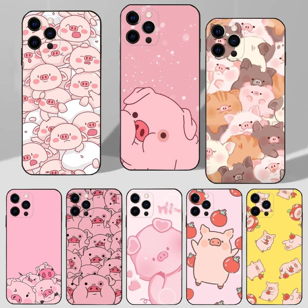 Cute Cartoon Animals Piggy Phone Case For iPhone 16,15,14,13,12,11 Plus,Pro Max,XS,X,XR,SE,Mini,8,7 Soft Silicone Black Cover