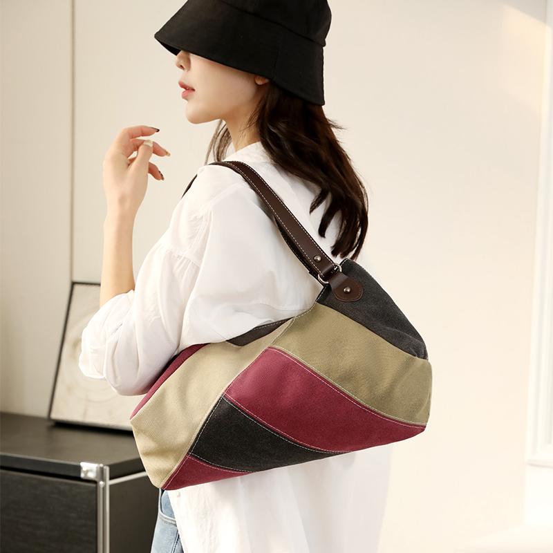 Women's Canvas Bag Color Contrast Shoulder Bag Bag Stitching