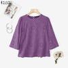 ZANZEA Women Casual Round Neck 3/4 Sleeve Loose Patchwork Crochet Blouse