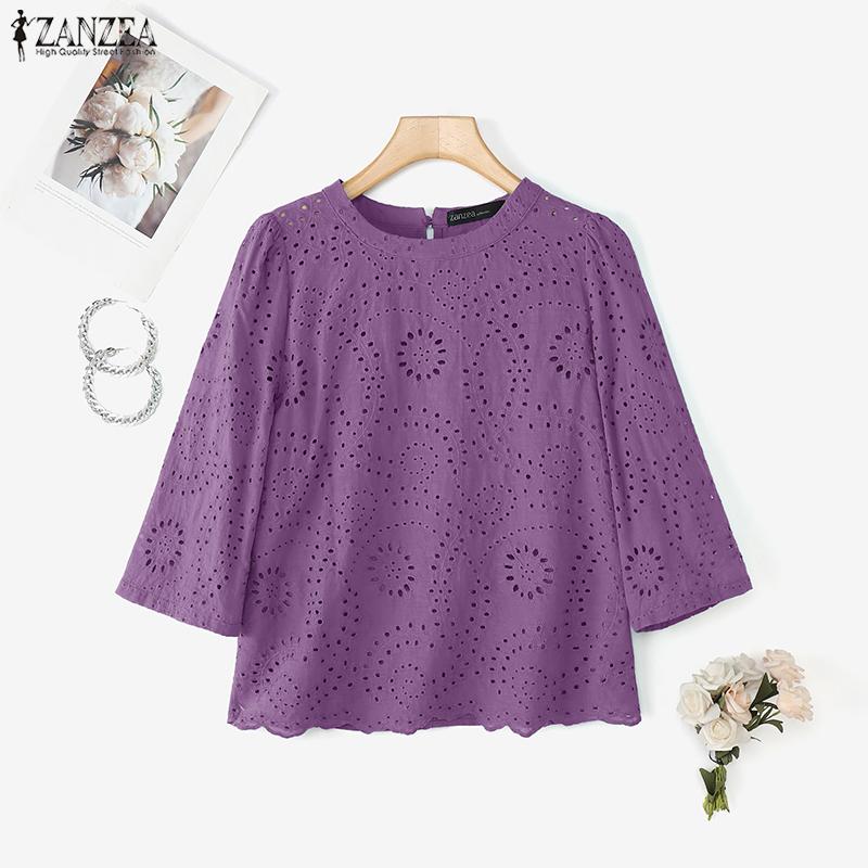 ZANZEA Dame Casual Rund Hals 3/4 Erme Løs Lappeteppe Heklet Bluse