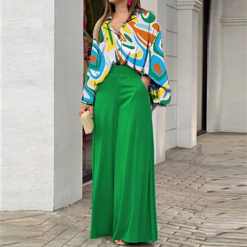Casual Two Piece Sets Women Loose Casual Print Shirts Top Wide Leg Pants Two-piece Set