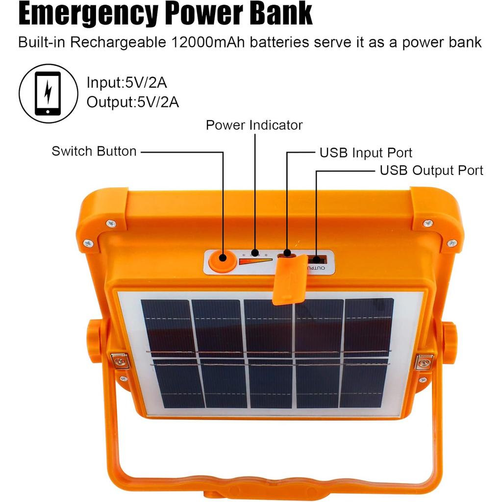 Portable LED Work Solar Light Rechargeable Flood Light IP66 Waterproof Outdoor Working Light for Camping Emergency Repair Light