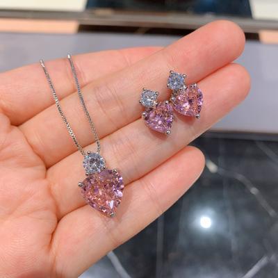 Jewelry Hot Simulation Color Treasure Pink Diamond Love Heart Pendant Love Necklace Earrings Jewelry Set