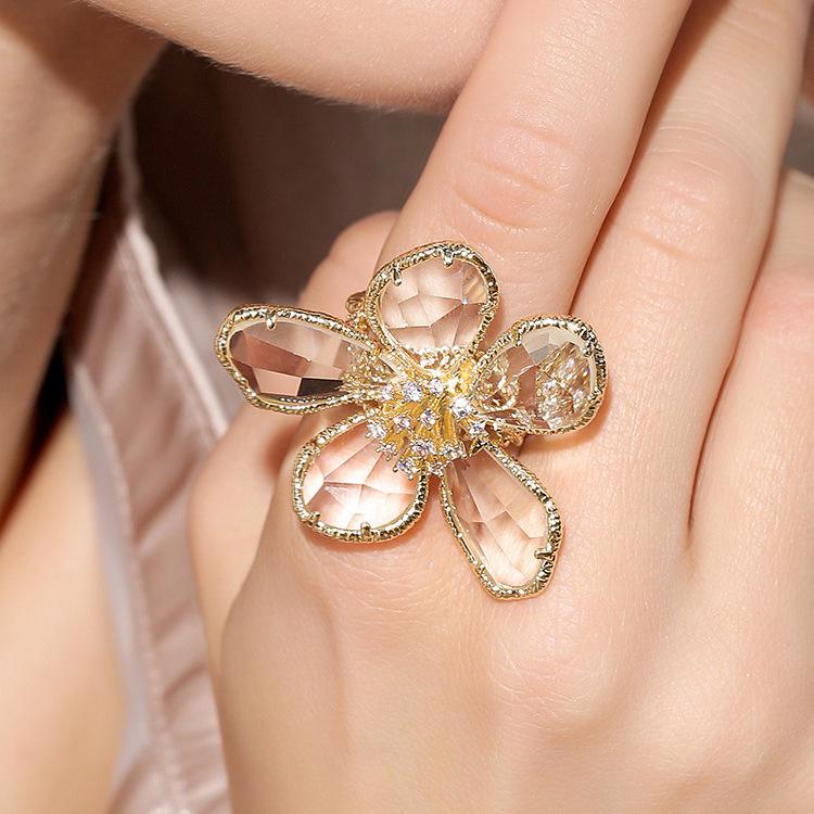 Exaggerated Crystal Flower Ring with Feminine Charm Fashionable Open Ring Design Index Finger Ring