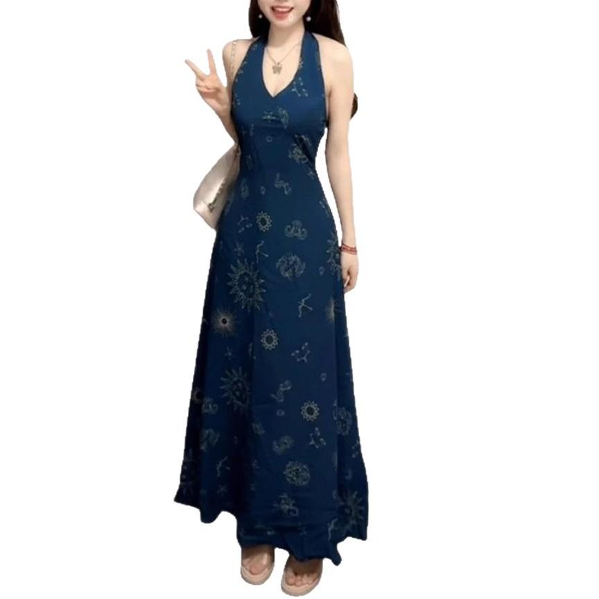 New Retro French Vacation Style Blue V-neck Neck Vest Dress Children's Summer Waist Dress