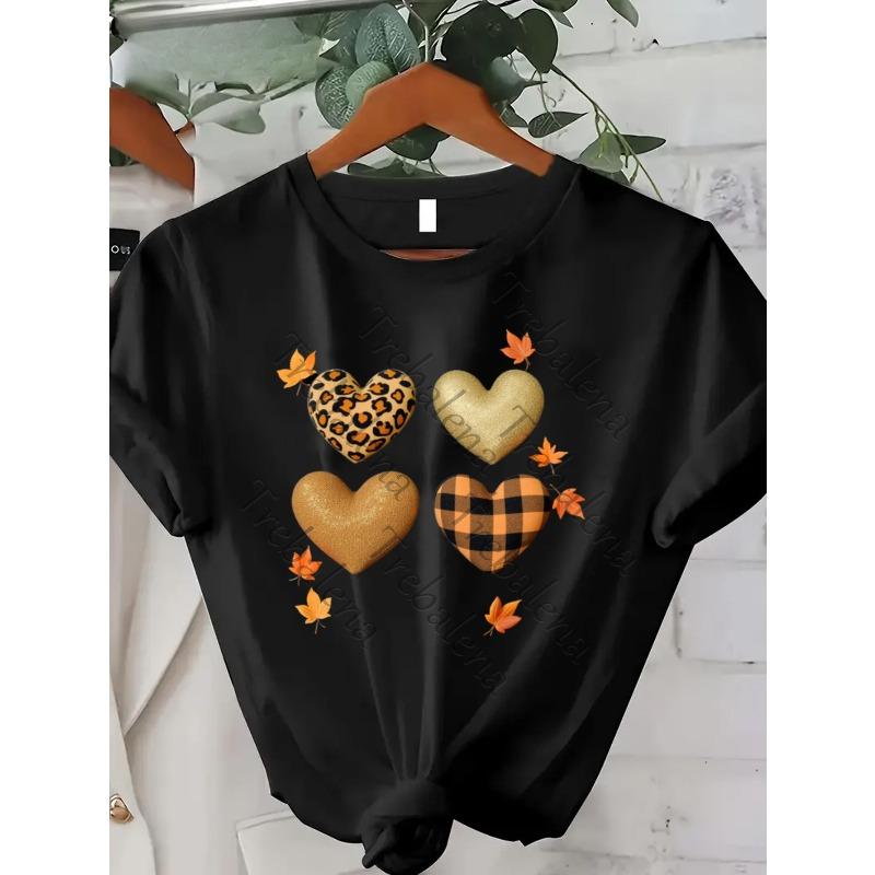 European Size Women's Plus Size T-Shirt - White Background with Leopard Print, Plaid & Glitter Hearts - Casual Everyday Fall/Spring/Summer
