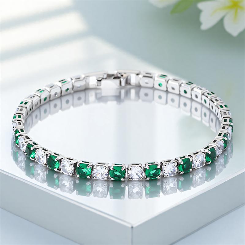 Schattige Groene Kristal 4mm Ronde Steen Witte Zirkonia 17/19cm Armbanden voor Vrouwen Vintage Zilverkleurige Kettingen Armband Bruiloft Sieraden