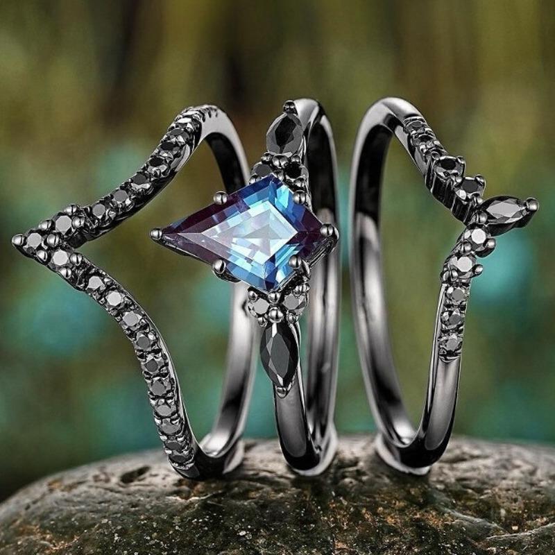 

New Gun Black Retro Three Piece Women s Ring Set with Irregular Rainbow Stone Inlaid Couple s Ring 6