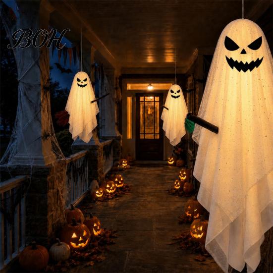 Reusable Festival Holiday Decor Halloween Lighted Hanging Ghost with Broom Decor, Flying Broomstick Ornaments Remote Multi Mode Lighting Control