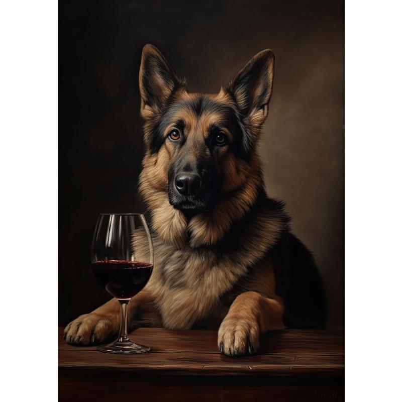 Vintage Dog Portraits Posters and Prints French Bulldog German Shepherd with Red Wine Wall Art Canvas Painting Home Room Decor