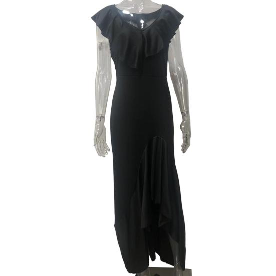 Women Evening Dress Ruffle Patchwork V Neck Slim Fit Irregular Hem Sleeveless Floor Length Pure Color Ball Gown Party Banquet Maxi Dress