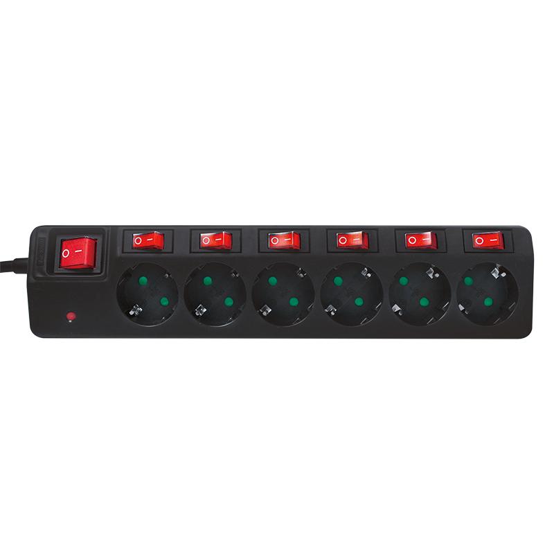 LogiLink Power Strip 6 Sockets 1.5m 7 Switches Surge Protector Black