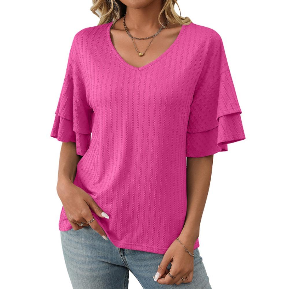 Summer new solid color V-neck ruffle sleeve short sleeved T-shirt top for women