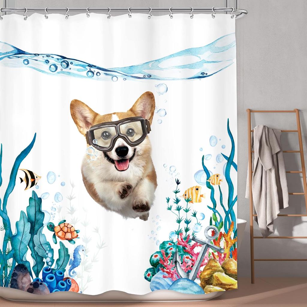 Kids Dachshund Dog Shower Curtain – Nautical Ocean Theme with Fish, Turtle, Coral & Anchor, Cute Blue Fabric Decor,