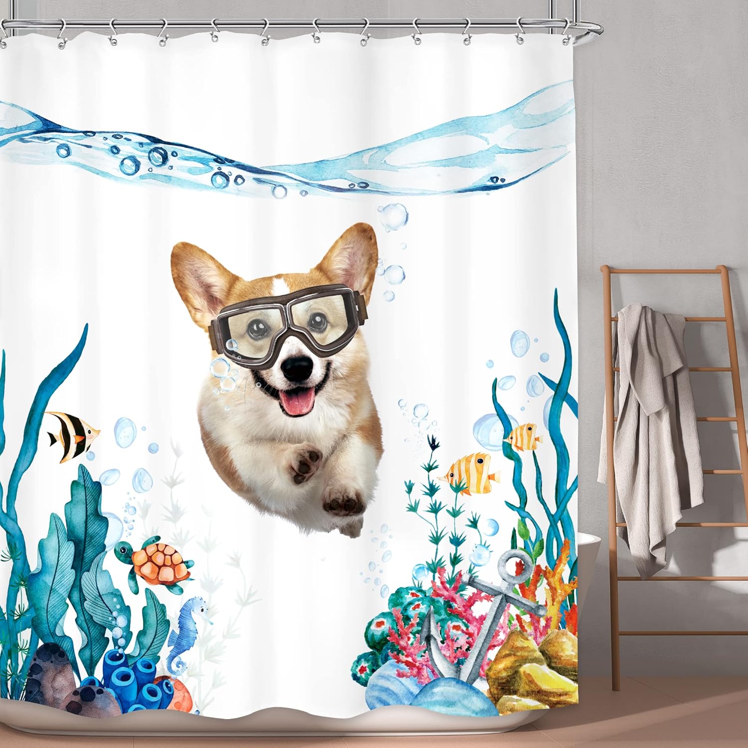 

Kids Dachshund Dog Shower Curtain – Nautical Ocean Theme With Fish, Turtle, Coral & Anchor, Cute Blue Fabric Decor, W60H190(CM)-1 Pcs