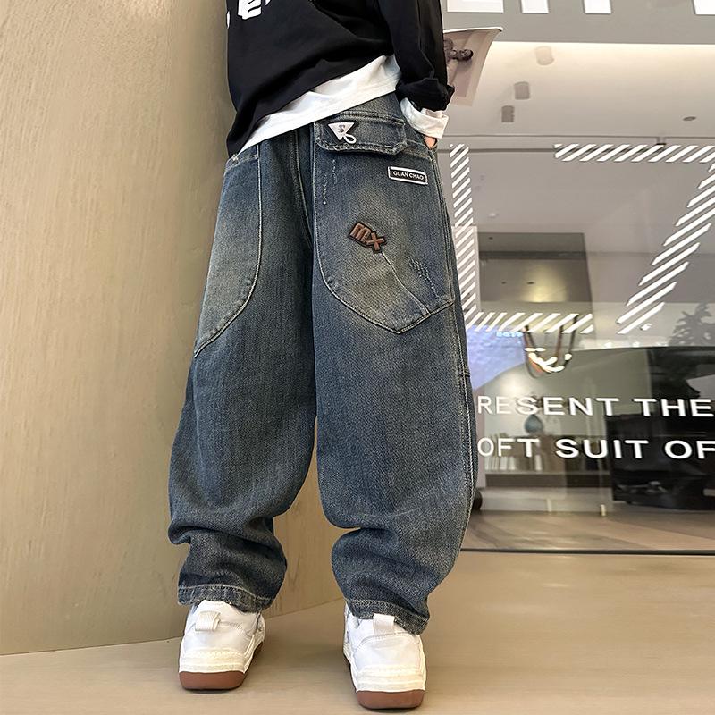 

Весна 2025 Джинсы прямого кроя для мальчиков - Повседневные брюки в уличном стиле для больших мальчиков Size 130 (Height 125cm)