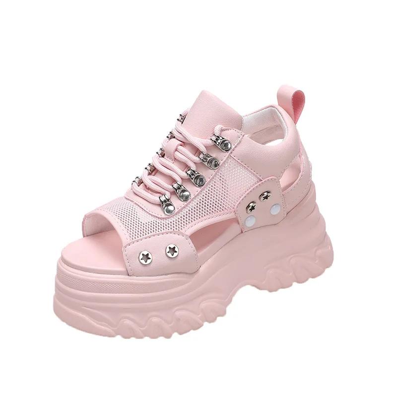 

Pink 8CM High Heels Women Summer Platform Sandals Breathable Wedges Ladies Beach Mesh Slippers Chunky Rome Shoes Sandalias Mujer 39 розовый