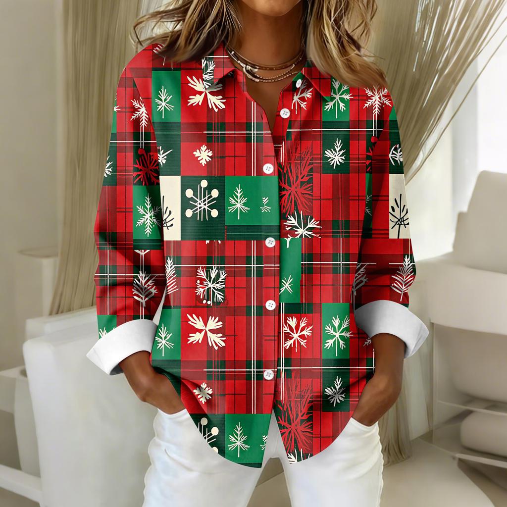 Women's Shirt Blouse Christmas Print Button Long Sleeve Casual Basic Shirt Collar Regular Top