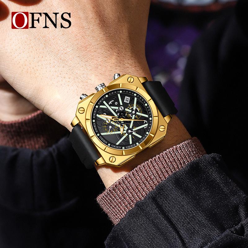 OFNS Men's Silicone Waterproof Sport Watch - Creative Square Dial with Calendar