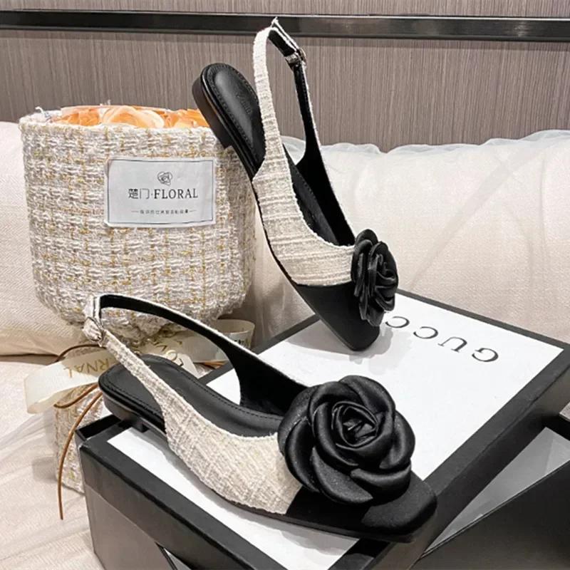 

Fashion Luxury Brand Designer Low Heel Back Strap Flat Sandals Black Flowers Mules Shoes for Women Comforts Summer Elegant Dress Shoes 35 слоновая кость