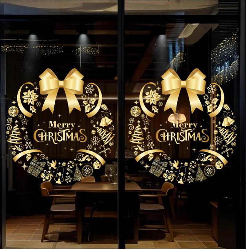 Golden Christmas Garland Window Stickers Christmas Tree Decorative Stickers Glass Sticker Shop Window Decor Christmas Decoration