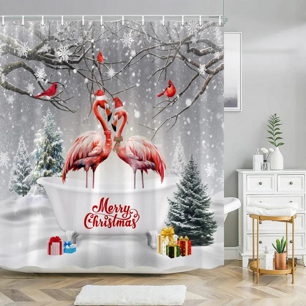 Funny Christmas Animals Shower Curtain Cute Puppy Dinosaur With Christmas Hat Flamingo Fabric Home Bath Curtains Bathroom Deco