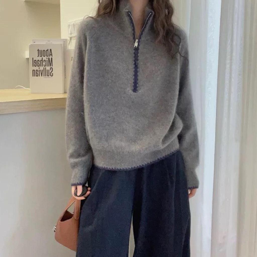 Lazy Style Contrasting Lace Half-Zip Stand Collar Knit Sweater: Versatile, Loose-Fit Autumn/Winter Pullover.