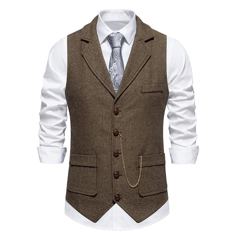 Men s Retro Lapel Chain Vest Fashion Herringbone Coarse Tweed Pockets Suit Vest British Casual Vintage Gentleman Leisure Party S