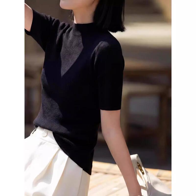 Basic House Women's 100% Wool Short-Sleeve Mock Neck Knit Top