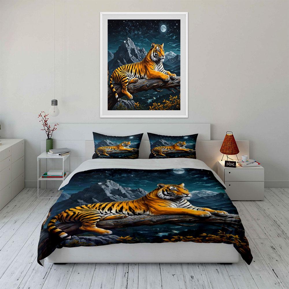 Tiger Resting, Moonlit Mountains Bedding Set For Kids Luxury Gift 3Pcs Digital Print Comforter Set Soft Comfortable Breathable
