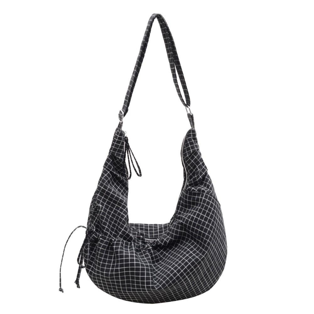 Pleated Plaid Canvas Bag Large Capacity Crossbody Bag Vintage Cow Horn Bag  Travel