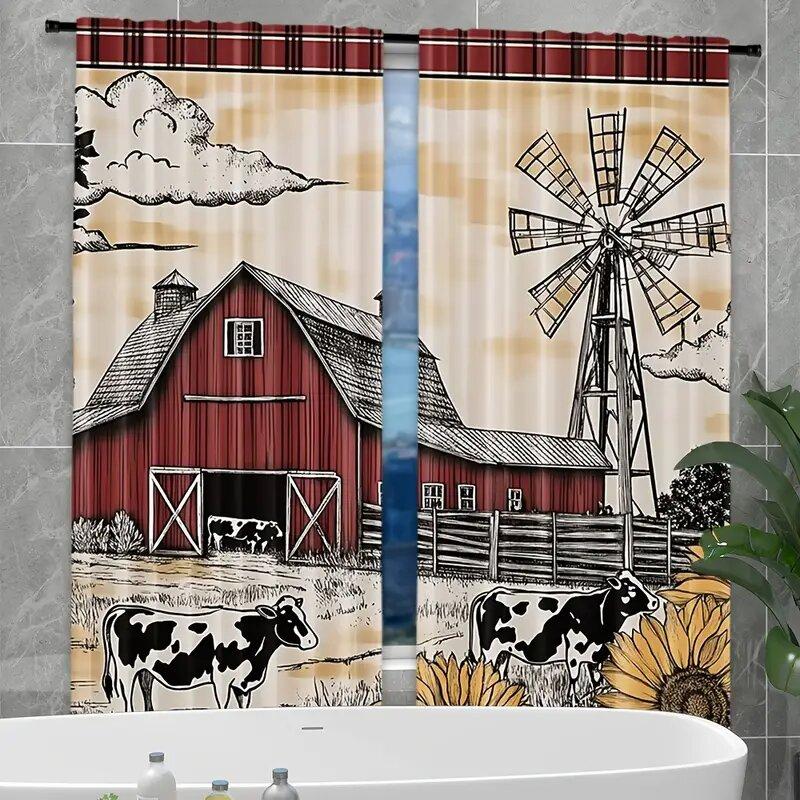 Retro farmhouse print curtains, pole bag curtains 42*84, bedroom and living room, home decoration, room decoration